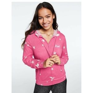 VICTORIA SECRET PINK JERSEY COTTON ZIP UP SWEATSHIRT PINK WITH WHITE STARS